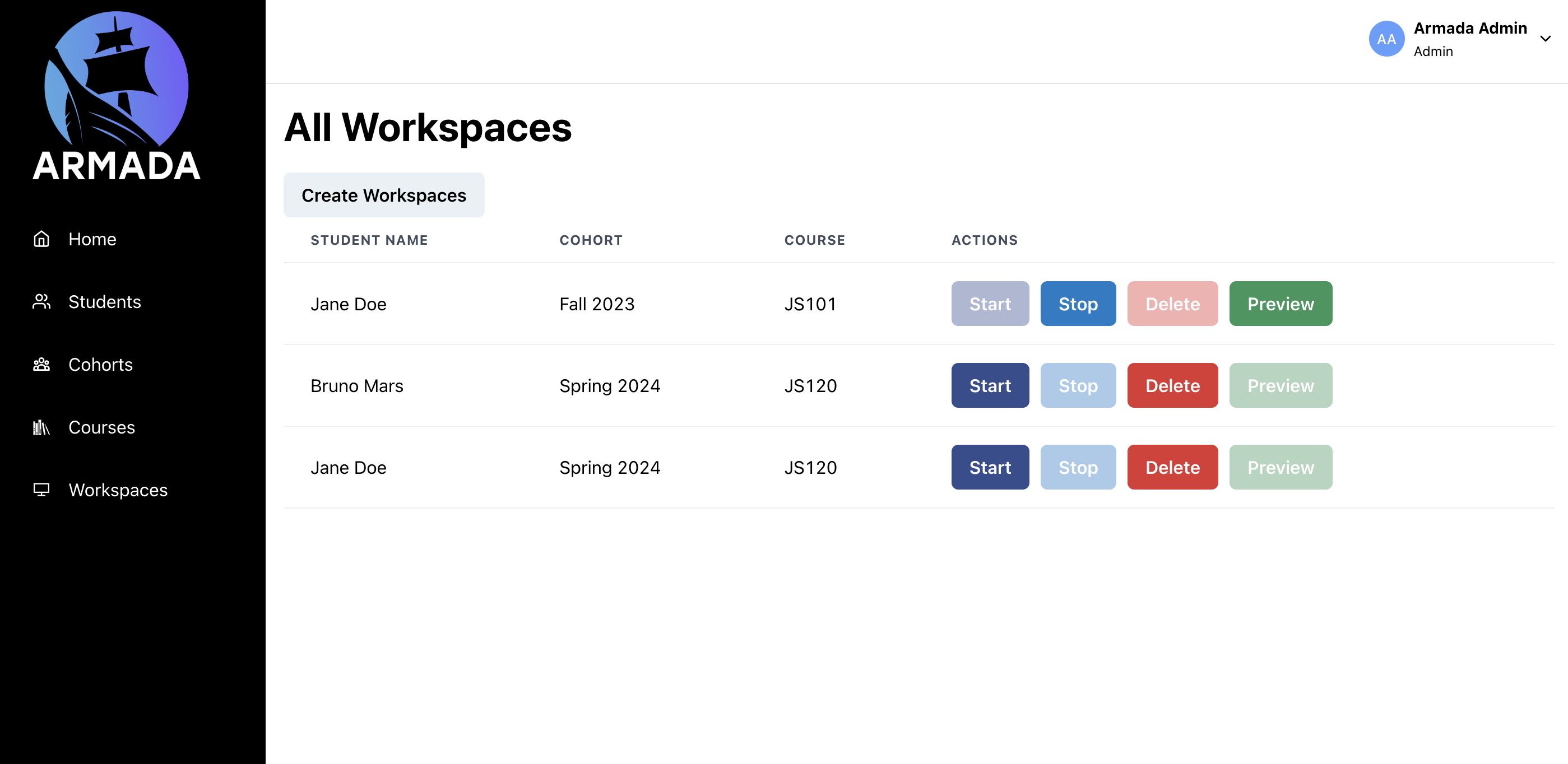 A screenshot of the instructor's dashboard in Armada.