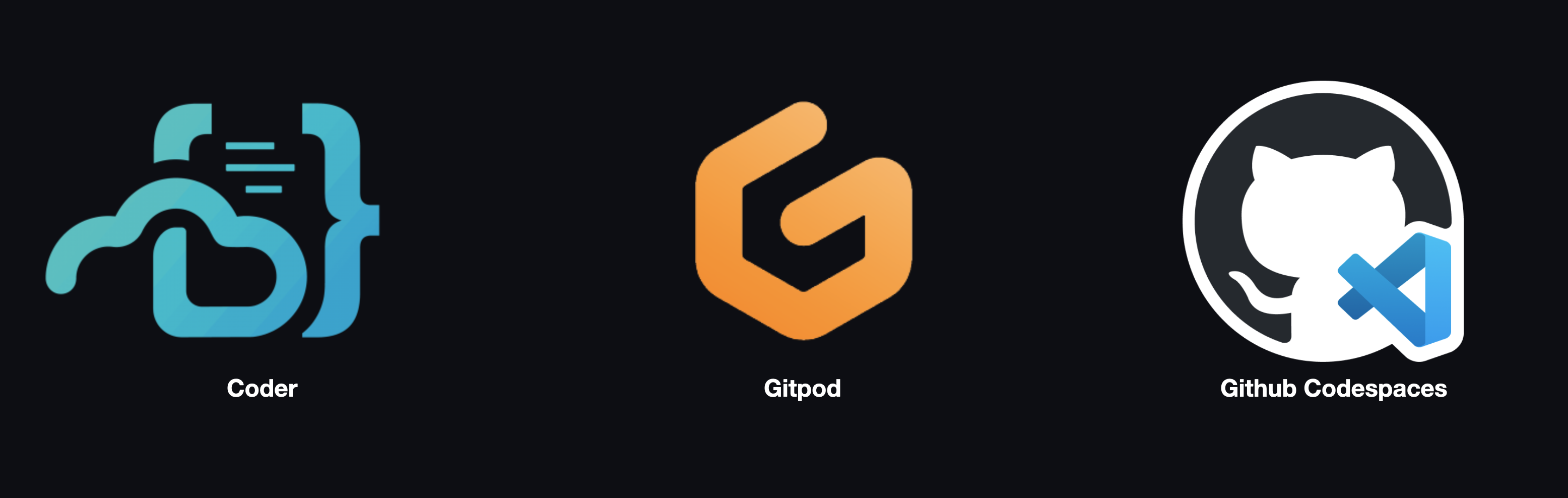 Logos for Coder, Gitpod, and GitHub Codespaces.