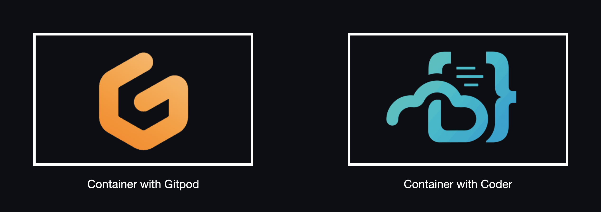 Two rectangles, each with a logo inside, for Gitpod and Coder representing a container with a coding environment.